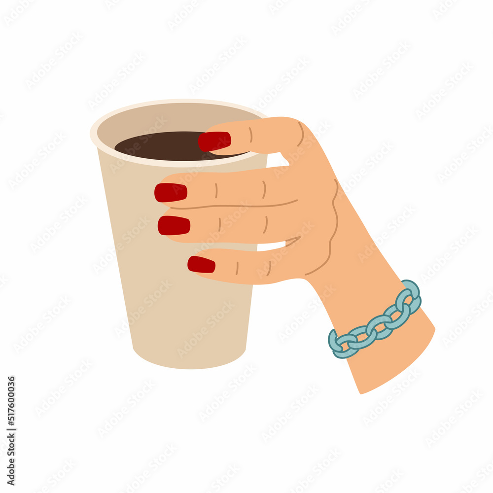 Woman hand with manicure holds a disposable cup of coffee. Morning hot drink. Coffee break. Hand drawn colored vector illustration isolated on white background. Modern flat cartoon style. Woman hand with manicure holds a disposable cup of coffee. Morning hot drink. Coffee break. Hand drawn colored vector illustration isolated on white background. Modern flat cartoon style.