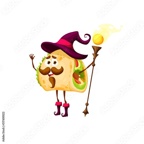 Cartoon tacos wizard character. Happy vector mexican food necromancer with magic staff, funny magician in hat make spell. Funny tex mex snack sorcerer, fairy tale enchanter, isolated magical personage