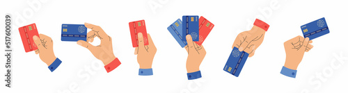 Set of different human hands with credit cards. Virtual money concept. Cashless payment, digital transaction. Hand drawn vector illustration isolated on white background. Modern flat cartoon style.