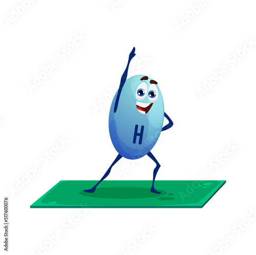 Cartoon vitamin H character, biotin personage on yoga fitness. Isolated vector happy capsule sports exercises. Funny bubble stand with raised arm in asana pose on mat. Healthy food supplement pilates