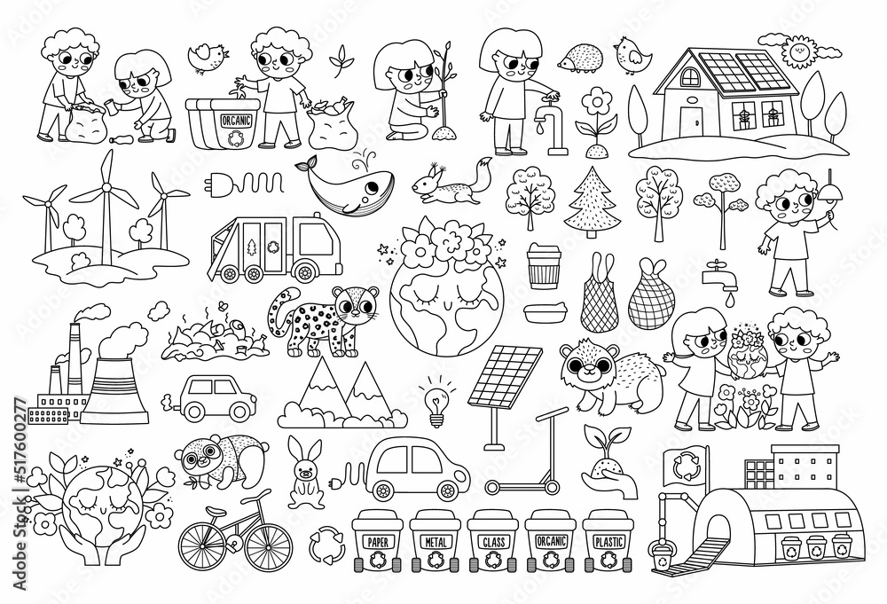 Vector black and white ecological set for kids. Earth day line collection with cute children, planet, waste recycling concept. Environment friendly coloring pack with alternative energy, solar panels.