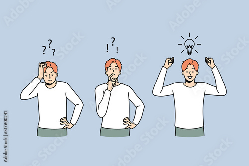 Man feeling confused thinking looking for problem solution. Process of brainstorming and idea generation. Innovation and problem solving. Vector illustration. 