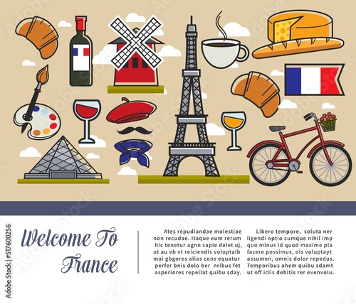 Travel agency brochures French culture and symbols architecture