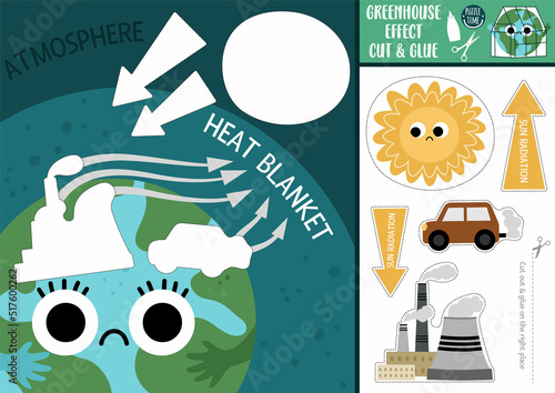Vector ecological cut and glue activity. Earth day crafting game with greenhouse effect. Eco awareness printable worksheet. Find the right piece of the puzzle. Explanatory complete the picture.