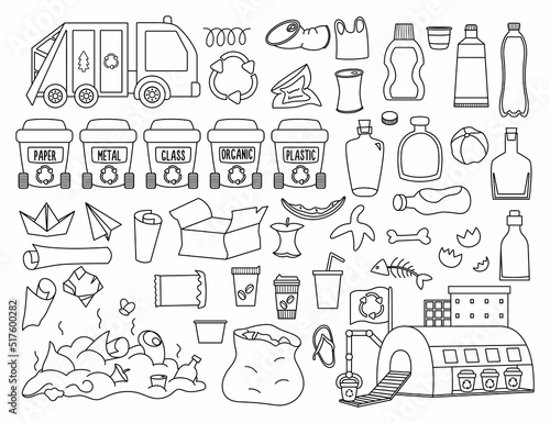 Waste recycling and sorting black and white collection. Vector ecological line set for kids. Earth day illustration with rubbish bins, recycle plant, truck. Environment friendly coloring page