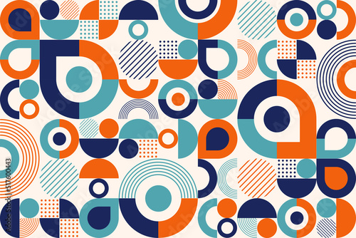Abstract geometric background, colorful flat design of mosaic pattern with the simple shape of circles, semi-circle, dots, and lines. Mural design. Neo geometric. Vector Illustration.
