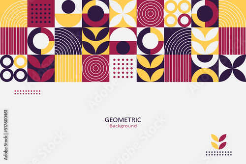 Abstract geometric background, colorful template flat design of mosaic pattern with the simple shape of circles, semi-circle, dots, and lines. Mural design. Neo geometric. Vector Illustration.