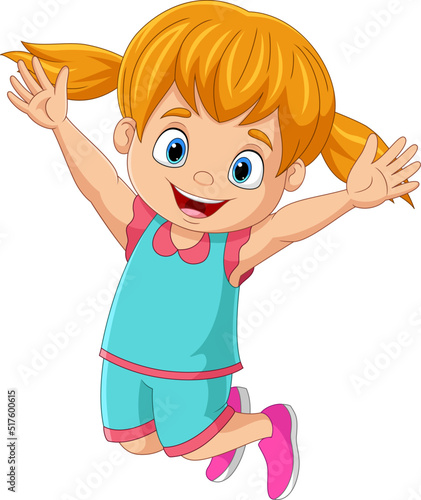 Cartoon happy little girl jumping