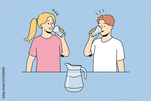 Smiling children drinking water keep hydration balance. Happy kids enjoy clean aqua follow healthy lifestyle. Vector illustration. 