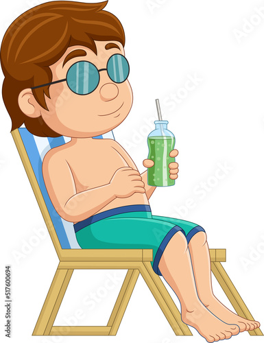 Cartoon little boy relaxing with drinking cocktail on beach chair