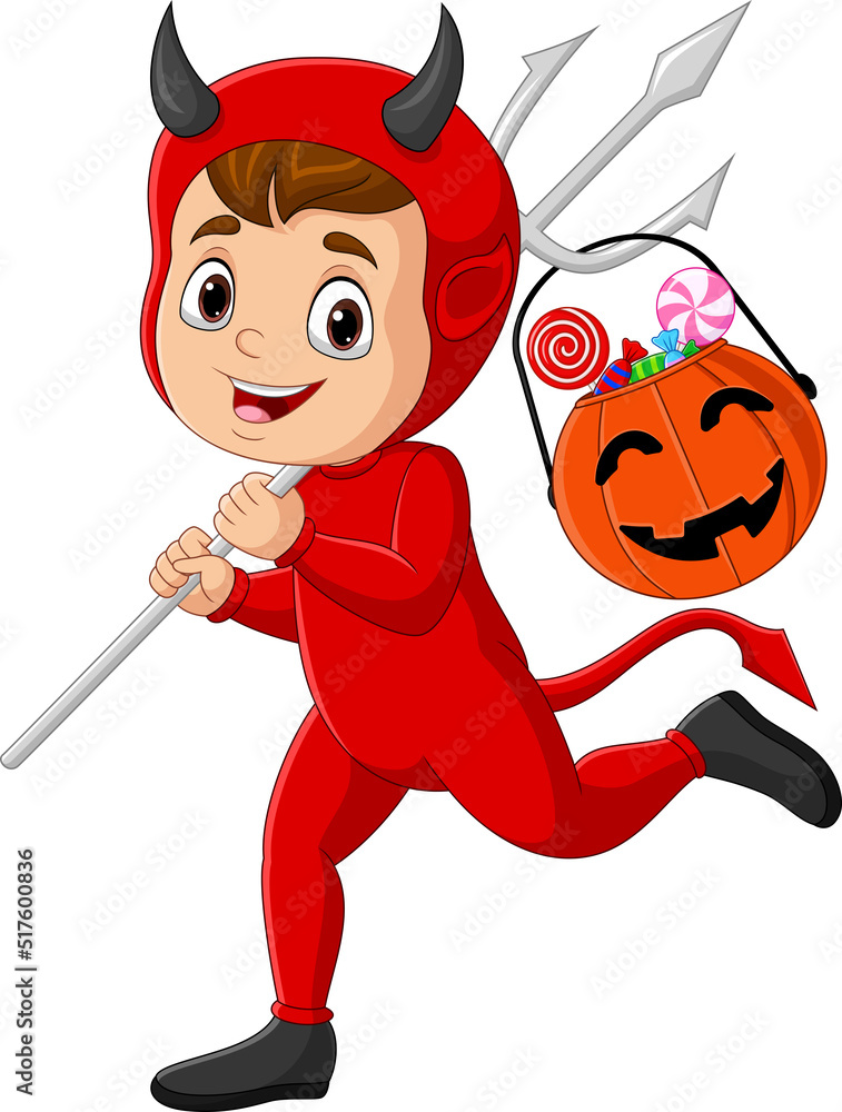 Cartoon red devil carrying candy in a pumpkin basket Cartoon red devil carrying candy in a pumpkin basket