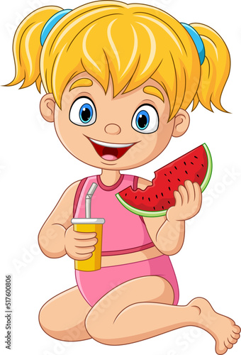 Cartoon little girl holding watermelon with drink