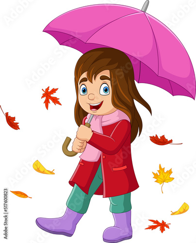 Cartoon little girl with umbrella and autumn leaves