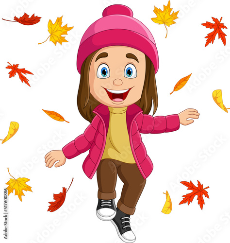 Cartoon little girl with autumn leaves