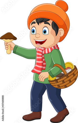 Cartoon little boy with basket of mushrooms