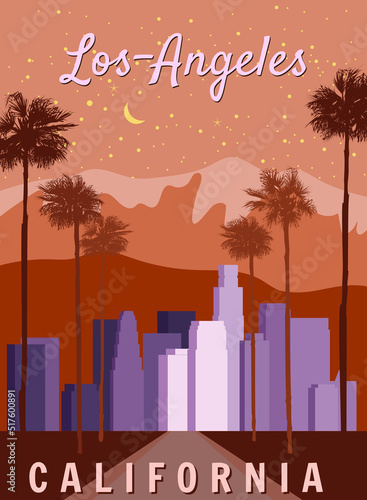 Retro poster Los Angeles, downtown, cityscape. Vintage, scene California