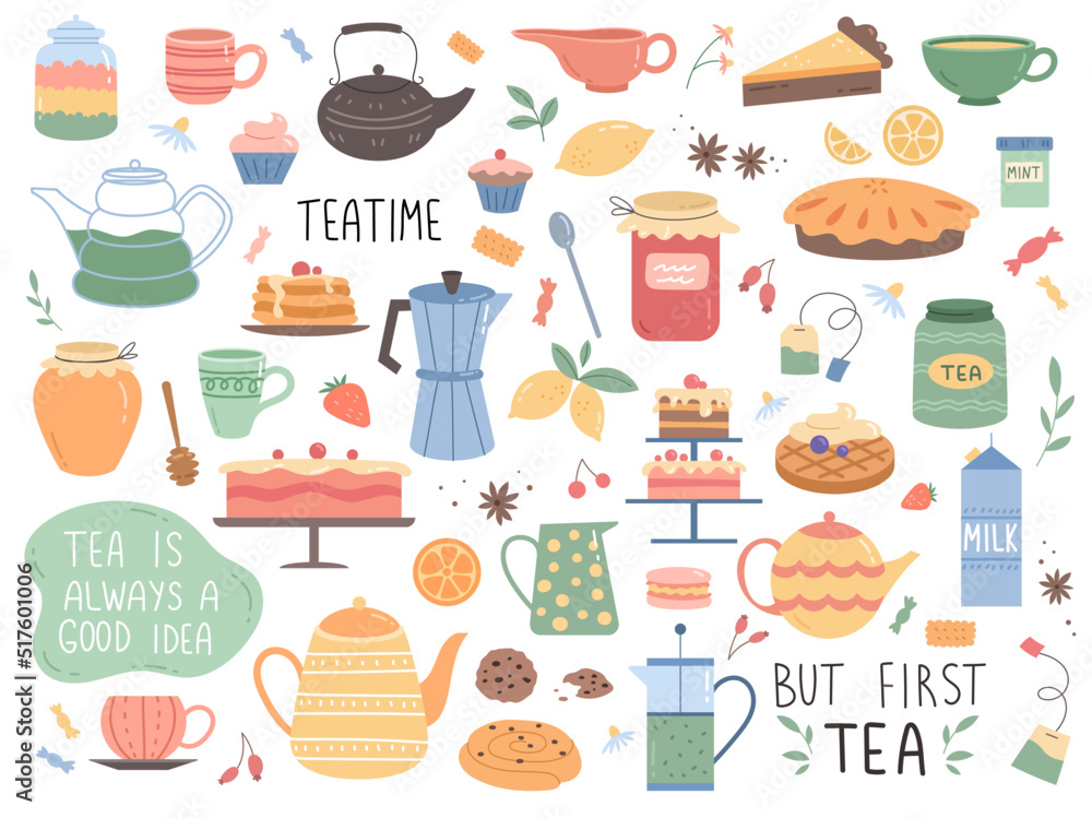 Teatime element set. Stickers with various teapots, mugs and cups, desserts, cakes and cookies. Designs for diary, greeting card or poster. Cartoon flat vector collection isolated on white background