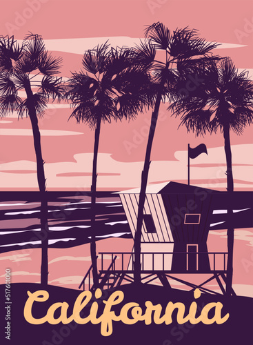 Retro Poster California. Lifeguard house on the beach, palm, coast, surf, ocean. Vector illustration