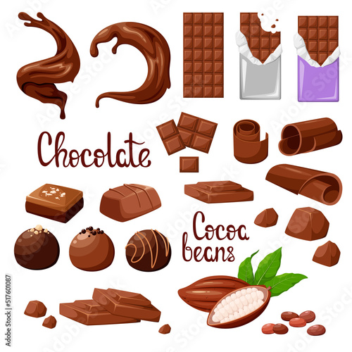 Chocolate set. Objects on a white background. Bars, candies, hot chocolate, cocoa beans, curls. Cartoon design.
