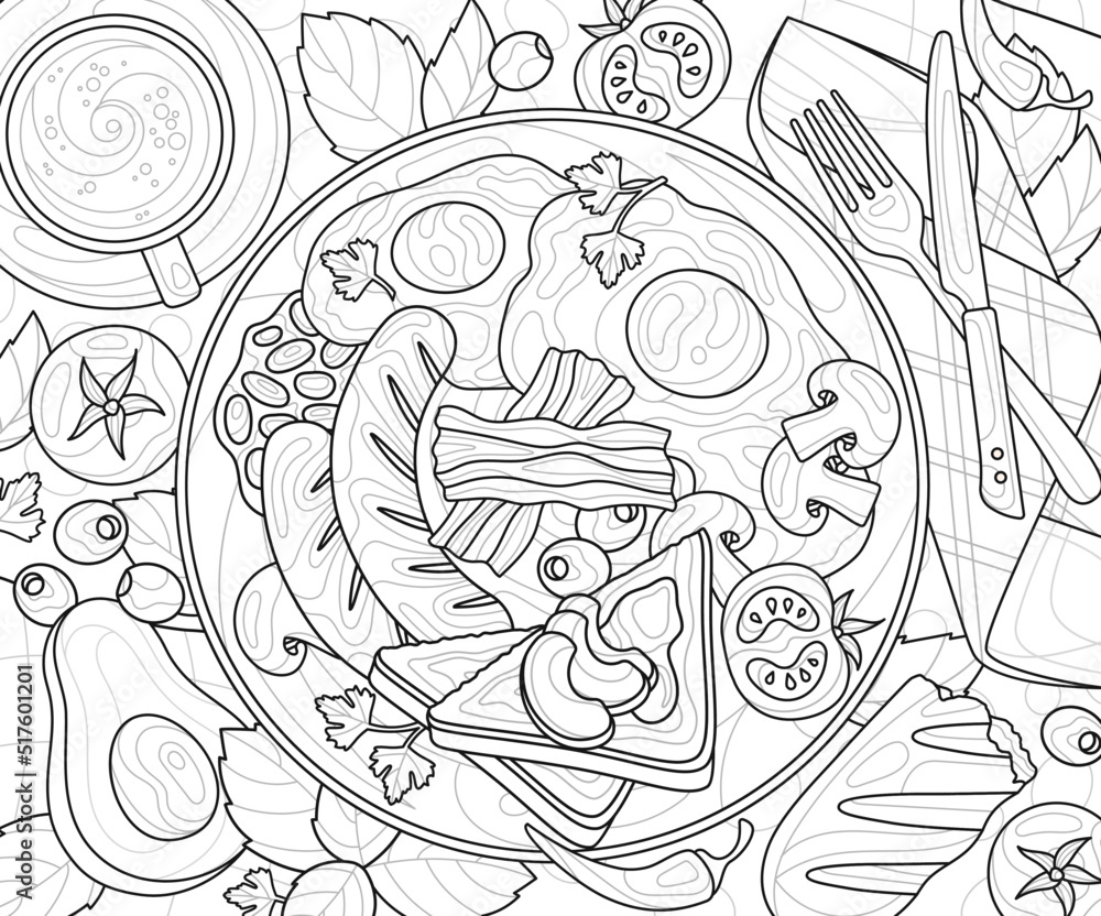 Design for coloring book. Breakfast with scrambled eggs, sausages, sandwiches, vegetables and delicious coffee. Antistress or entertainment for children and adults. Cartoon linear vector illustration