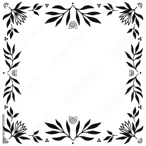 Frame of floral mystical and mysterious illustrations in hand drawn style. Floral elements. Perfect for textile, cards, mystery,  logo emblems and product packaging.
