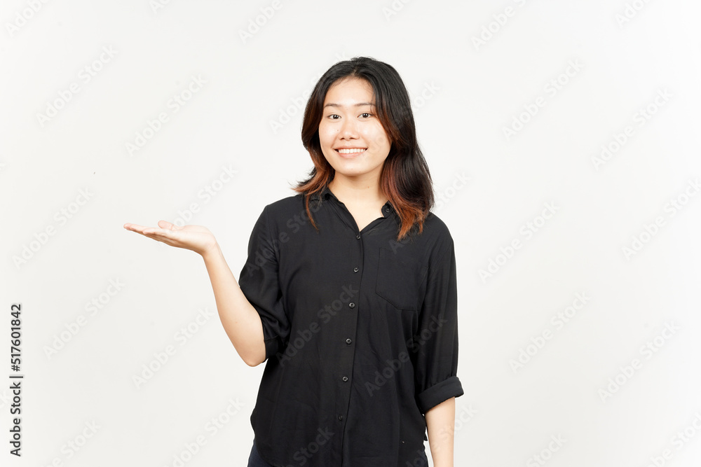 Showing and Presenting Product on Open Palm of Beautiful Asian Woman Isolated On White Background Showing and Presenting Product on Open Palm of Beautiful Asian Woman Isolated On White Background