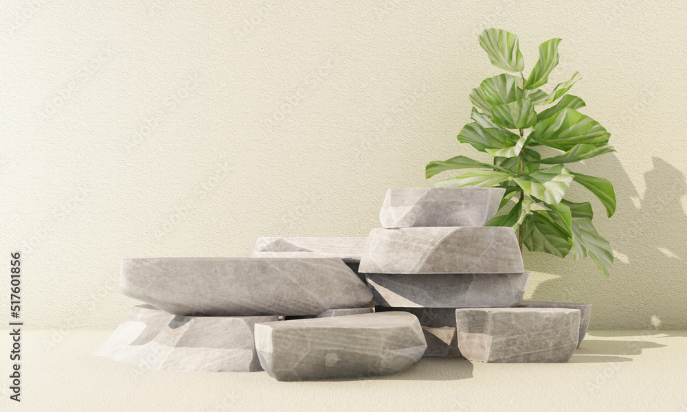 Premium podium made of concrete stone rock on background with plant branches,leaves and natural water.Mock up for the exhibitions,presentation of products, therapy, relaxation and health -3d render. Premium podium made of concrete stone rock on background with plant branches,leaves and natural water.Mock up for the exhibitions,presentation of products, therapy, relaxation and health -3d render.