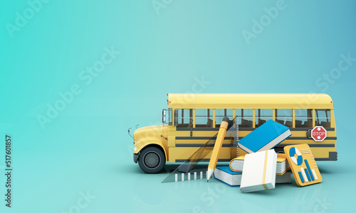 Back to school with school supplies and equipment. School bus with school accessories and books on yellow and blue background. 3D Rendering, 3D Illustration