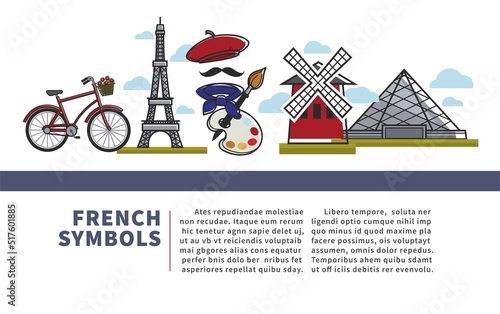 Travel agency brochures French culture and symbols architecture and cuisine vector