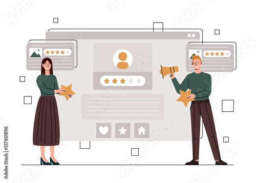 Client review concept. Man and woman leave comments on product on Internet. Modern methods of collecting feedback and promotion, online marketing. Rating from users. Cartoon flat vector illustration