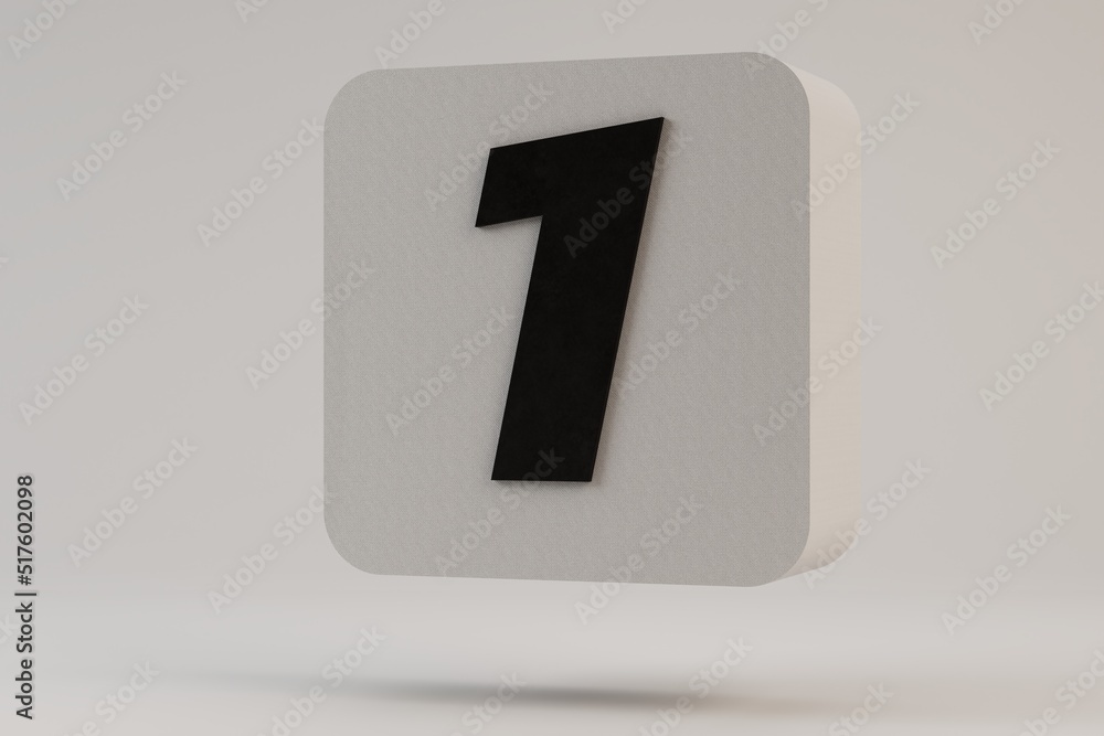 abstract background. white icon with the number 1 in black with a shadow on a white background. 3d render. 3d illustration