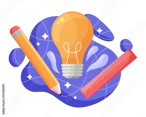 Creative solutions concept. Pencil and pen next to large light bulb. Metaphor of brainstorming and creative personality. Inspiration and idea, fantasy and imagination. Cartoon flat vector illustration