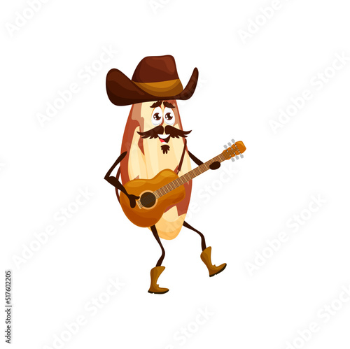 Cartoon Brazilian nut cowboy character with guitar, vector personage. Western ranger or wild west cowboy raider Brazilian nut with mustaches in hat playing on guitar