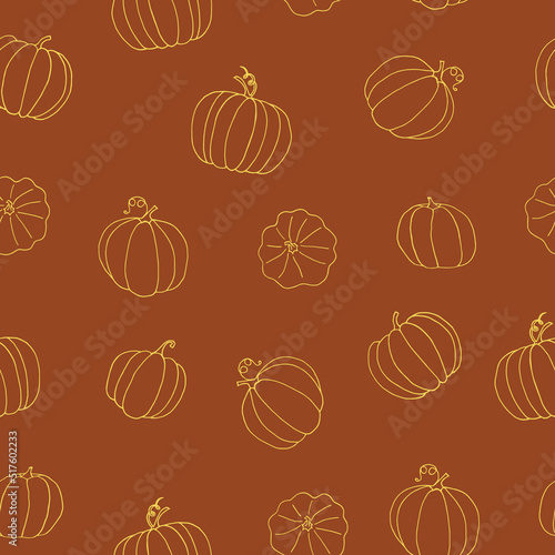 pumpkin seamless pattern hand drawn in doodle. vegetables in a simple line style