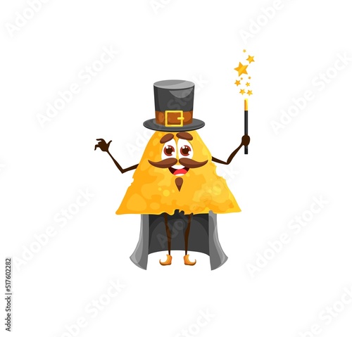 Cartoon Mexican nachos magician character, wizard with magic wand, vector. Kids personage, funny isolated nacho chip as sorcerer magician or warlock in magic cape and witch hat