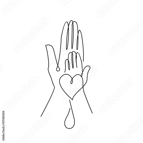 Baby child holding adult hands continuous line drawing. Vector illustration on white background