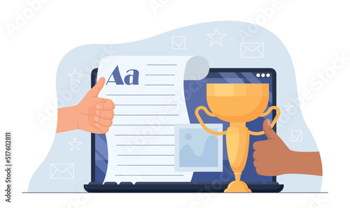 Quality content concept. Golden cup next to article. Text received recognition, interesting content on Internet, award for talented author, creative personality. Cartoon flat vector illustration