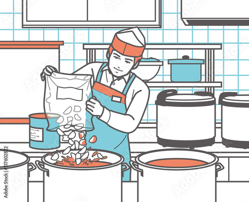 アルバイトの男性　厨房で調理　背景