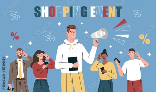 Shopping event concept. Man with megaphone calls consumers and buyers to store. Promotion of goods on Internet, modern marketing methods. Special offer, advertising. Cartoon flat vector illustration