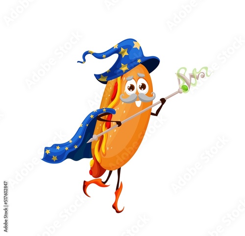 Cartoon hotdog wizard character. Fast food restaurant or street cafe takeaway meal cheerful personage in magic han and cape, holding scepter. Hotdog bun sorcerer cute vector personage