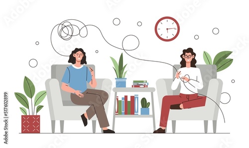 Speech therapy concept. Girl tells psychologist about problems and difficulties. Mental health and psychological help. Pensive woman, confusion and frustration. Cartoon flat vector illustration