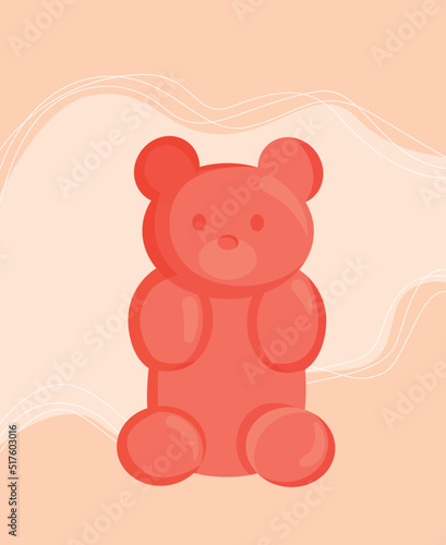 Sweets store sticker. Red jelly bear. Card for online candy shop or confectionery shop. Promotion of products. Stylish badge for social networks and website. Cartoon flat vector illustration