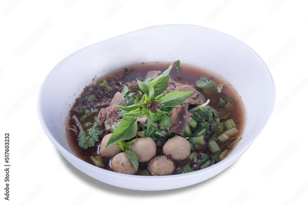 stewed pork noodle soup, Noodle soup thai style put blood in the soup hot for mellow soup (Pork or Beef) on White background stewed pork noodle soup, Noodle soup thai style put blood in the soup hot for mellow soup (Pork or Beef) on White background