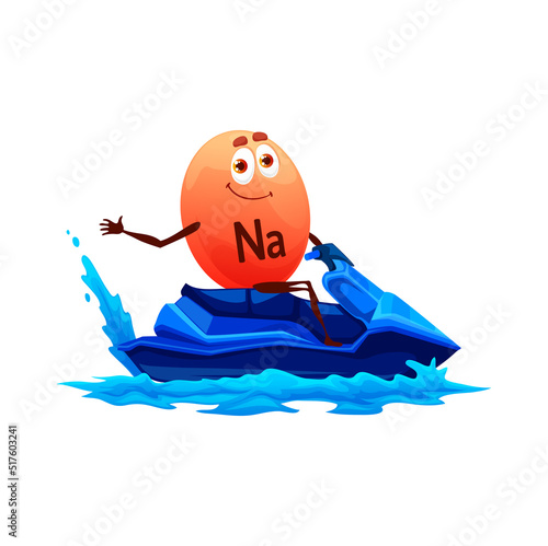 Sodium or natrium micronutrient character on jet ski. Cartoon funny vector sportsman Na element race water bike on sea wave. Vitamin personage watersport recreation, summer holidays activity, vacation