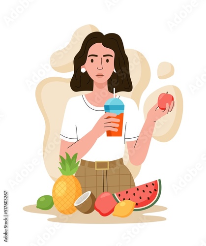 Take Care of Health. Woman with smoothies and fruit on table. Young girl follows healthy diet with vitamins and minerals. Caring for body. Active lifestyle. Cartoon modern flat vector illustration