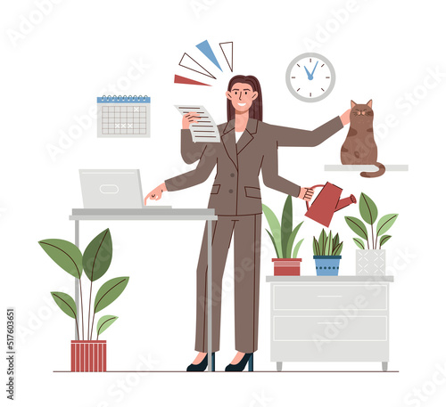 Work life balance. Woman combines work and caring for house and cat. Owner and businesswoman. Hardworking multitasking character. Overworked girl at workplace. Cartoon flat vector illustration