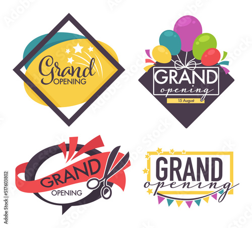 Ribbon and scissors balloons and confetti grand opening isolated icons vecto