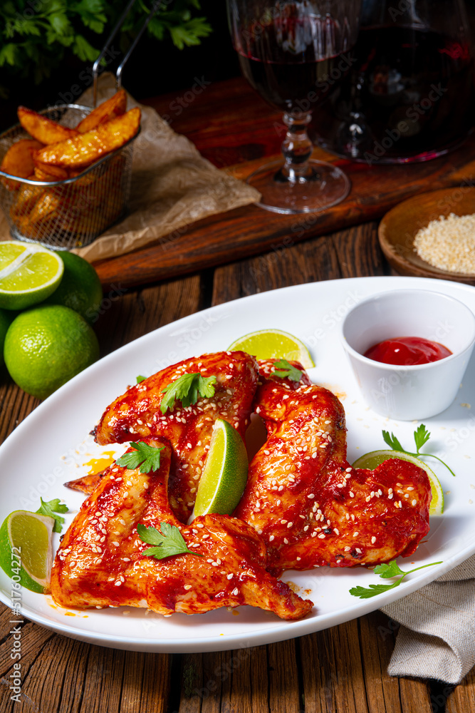 chicken wings with potato wedges and sezam. chicken wings with potato wedges and sezam.