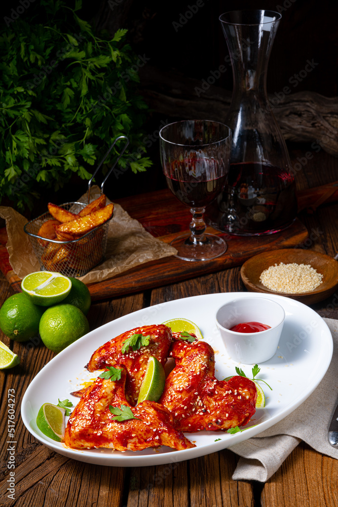 chicken wings with potato wedges and sezam. chicken wings with potato wedges and sezam.