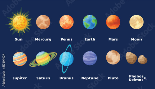 Cartoon sun and solar system planets set illustration, comic celestial bodies graphic design collection, flat round astronomical object concept on blue cosmic background for astronomy science concept